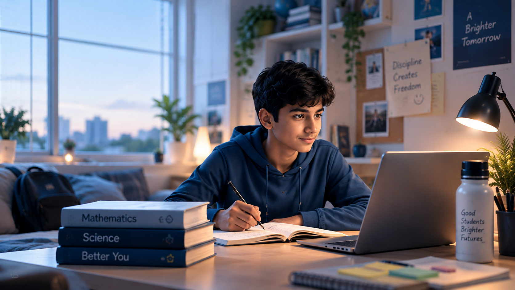 A Class 10 student writing at his own desk at home just after his 1-to-1 class has ended