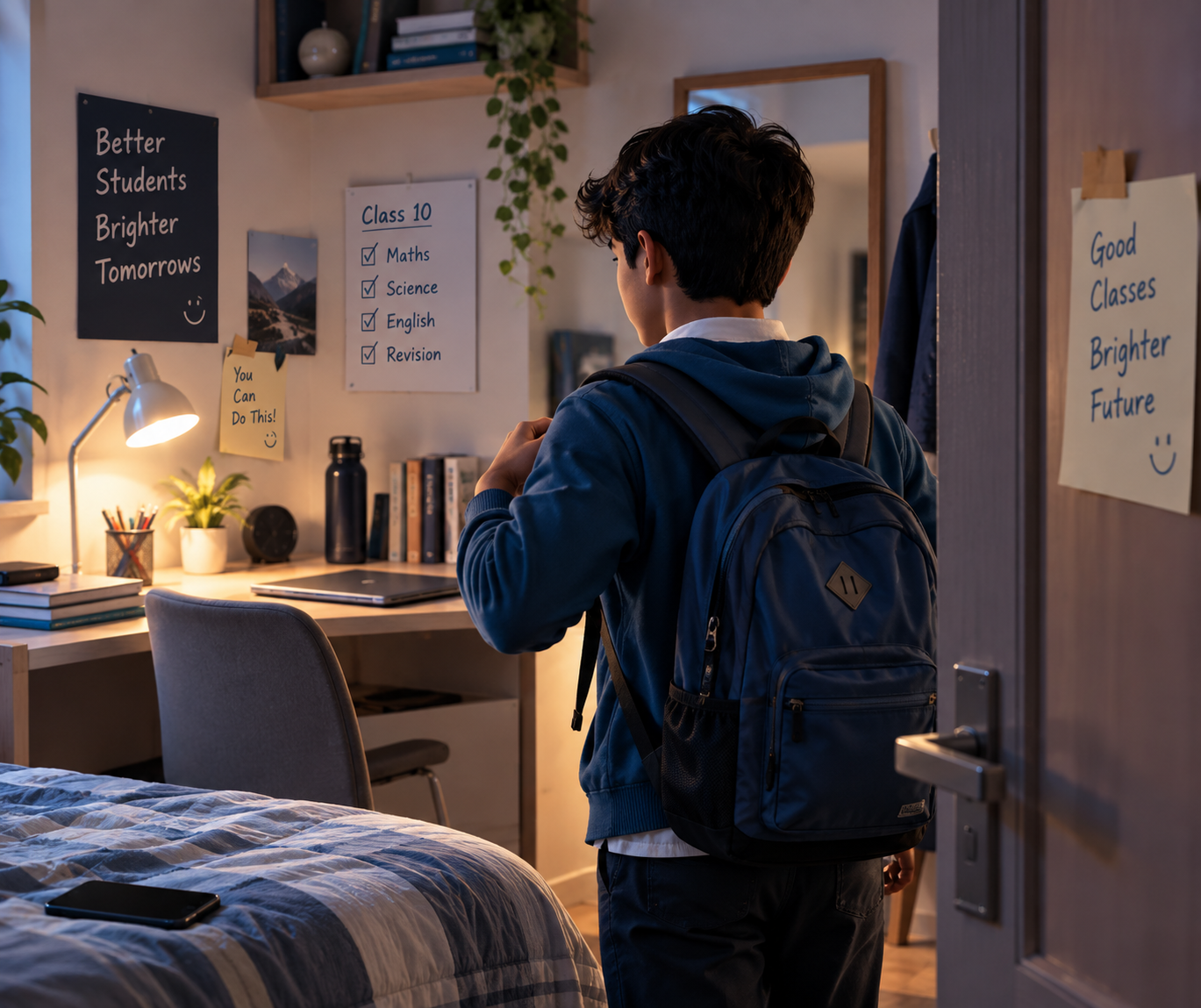 A Class 10 student putting on his backpack in his study room before leaving for coaching